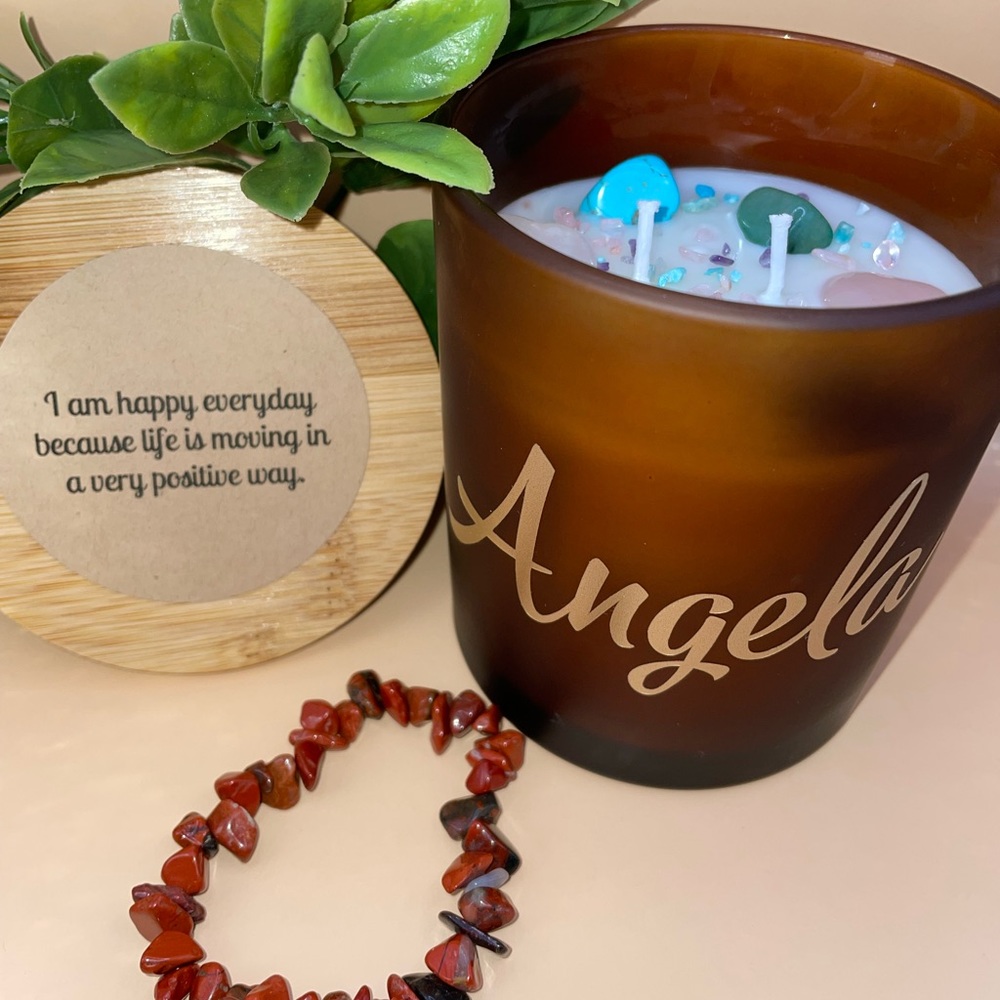 Personalized manifesting candle. With Crystals to enhance the what you wish for.